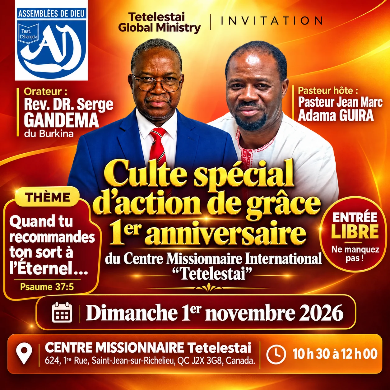 Invitation au premier anniversaire avec le Rev. DR. Serge GANDEMA et le pasteur Jean-Marc Adama Guira