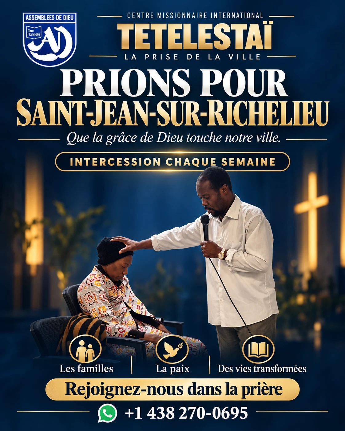 Prions pour Saint-Jean-sur-Richelieu. Que la grâce de Dieu touche notre ville. Intercession chaque semaine pour les familles, la paix et des vies transformées. Contact : +1 438 270-0695.